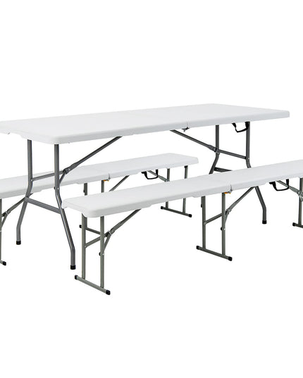 Outdoor Folding Camping Table with 2 Long Benches HDPE Metal Legs BBQ Party Patio Lawn Garden (White)