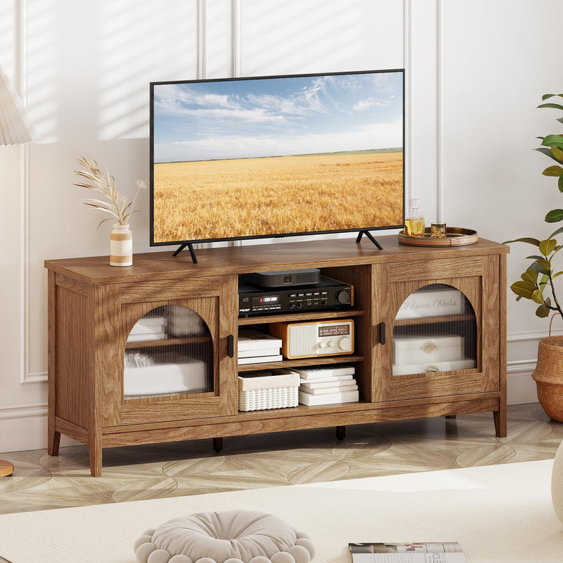 Giantex Farmhouse TV Stand for TVs up to 65" Modern Vintage Entertainment Center(Arched Glass)