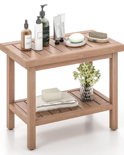 Giantex Teak Shower Bench, 21" Waterproof Spa Bath Seat with Storage Shelf and Non-Slip Foot Pads