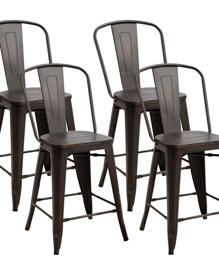 Giantex Tolix Style Dining Stools with Wood Seat and Backrest, Industrial Metal Counter Height Stool