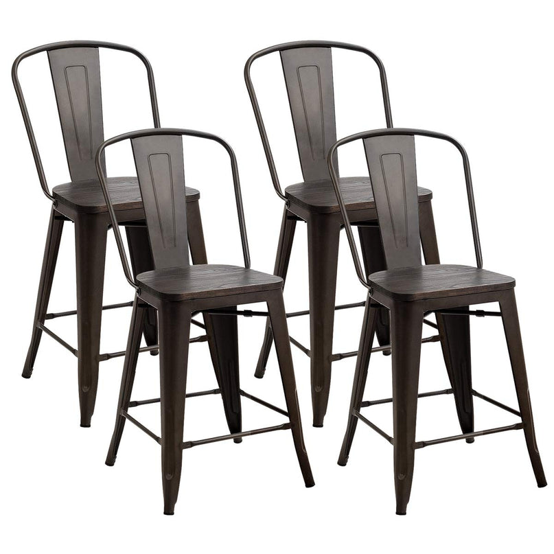 Giantex Tolix Style Dining Stools with Wood Seat and Backrest, Industrial Metal Counter Height Stool