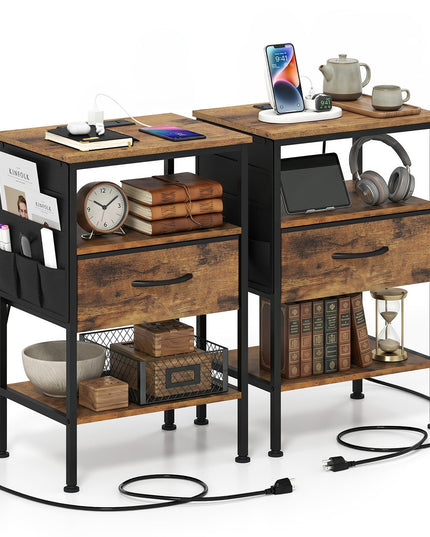 Giantex 24.5"/27.5" Nightstand with Charging Station & 1 Fabric Drawer(1/2)