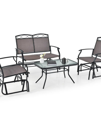 Giantex 4 or 2 PCS Outdoor Glider Chairs Set - Patio Furniture Set with Tempered Glass Table (4 PCS, Brown)