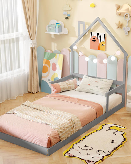 Giantex Twin Floor Bed for Kids, Wood Montessori Floor Bed with Chimney Headboard & Handrail