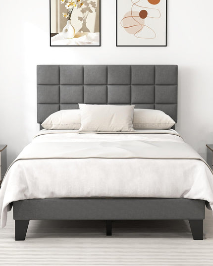 Giantex Full Size Platform Bed, Linen Fabric Upholstered Bed Frame with Adjustable Headboard & Wooden Slat Support