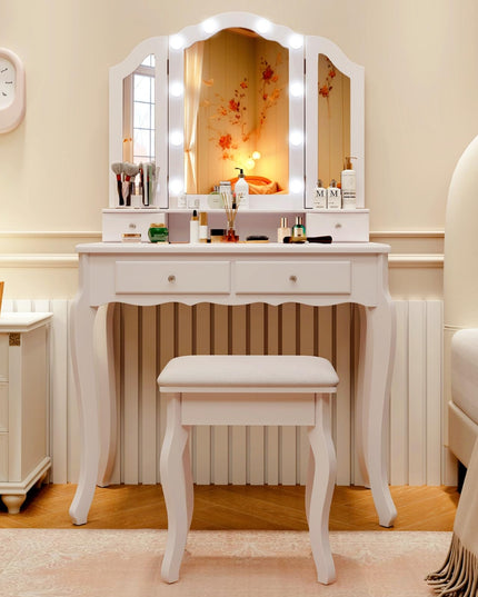 CHARMAID Vanity Desk with Lights - Makeup Vanity Table with Tri-Fold Mirror, 10 Adjustable Hollywood LED Lights, 4 Storage Drawers