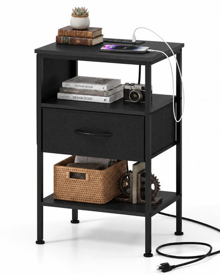 Giantex 24.5"/27.5" Nightstand with Charging Station & 1 Fabric Drawer(1/2)