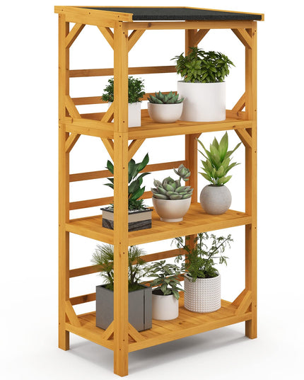 Giantex Plant Stand with Roof - 54'' Outdoor Storage Shelves, 3-Tier Wooden Plant Rack with Weatherproof Asphalt Roof