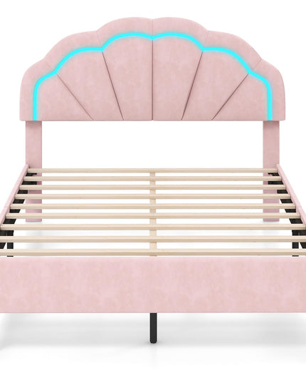 Giantex Full Size LED Bed Frame, Velvet Upholstered Full Platform Bed with Adjustable Cloud Headboard