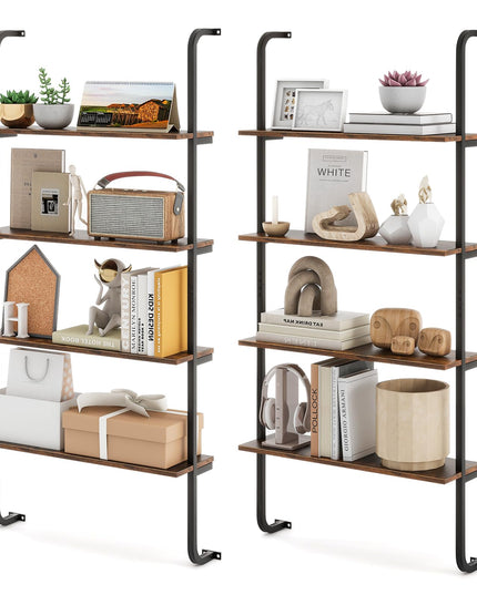 Giantex 4-Tier Industrial Bookshelf, Wall Mounted Pipe Shelving Unit, Floating Shelves with Metal Frame