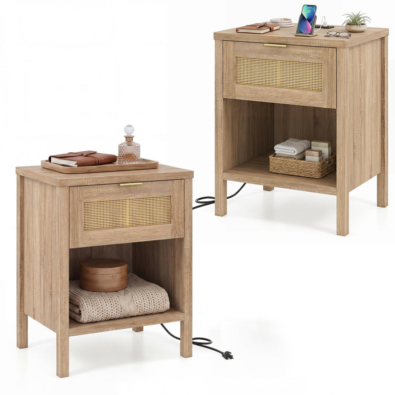 Giantex Rattan Night Stand with Charging Station