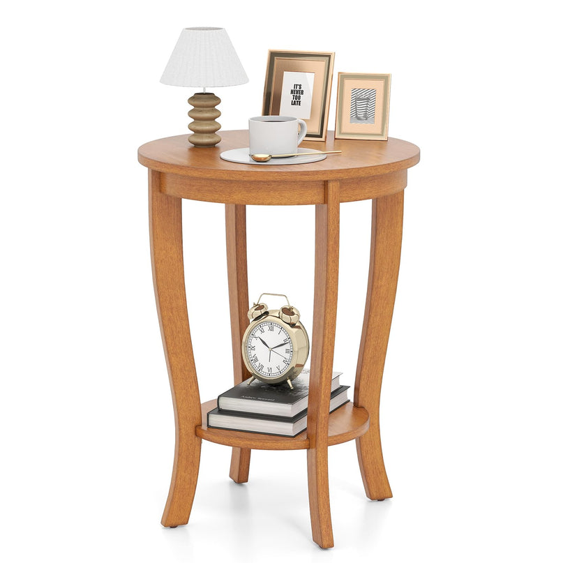 Giantex Round End Table with Storage Shelf Set of 2, Retro Nightstand with Solid Wood Legs, 24.5" Accent Table for Small Spaces