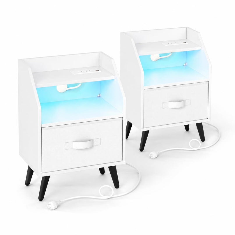 GIANTEX Modern LED Nightstand w/Charging Station & Fabric Drawer