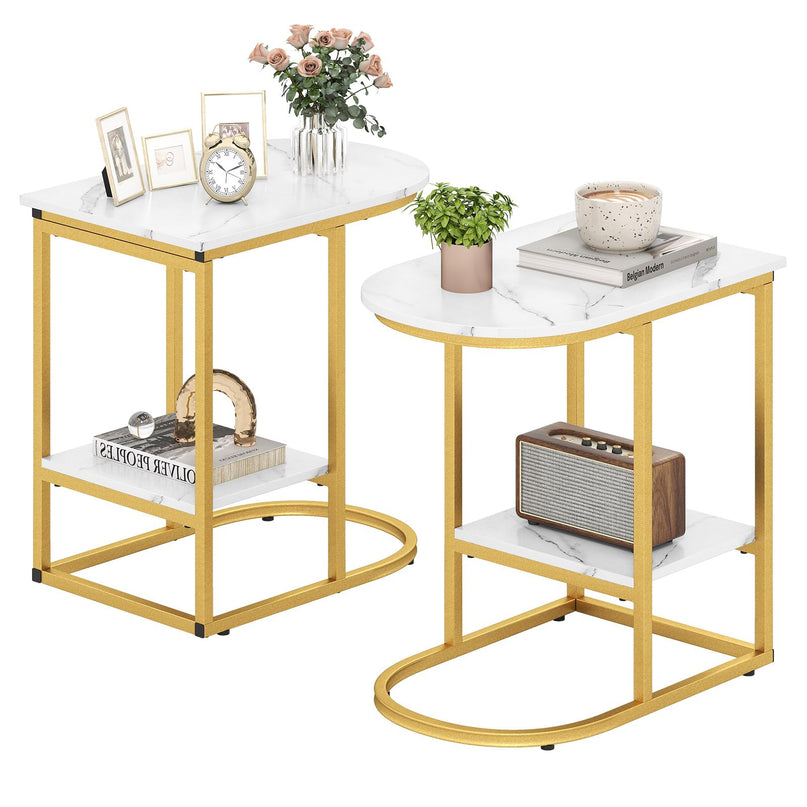 Giantex C Shaped End Table with Faux Marble Tabletop & Storage Shelf