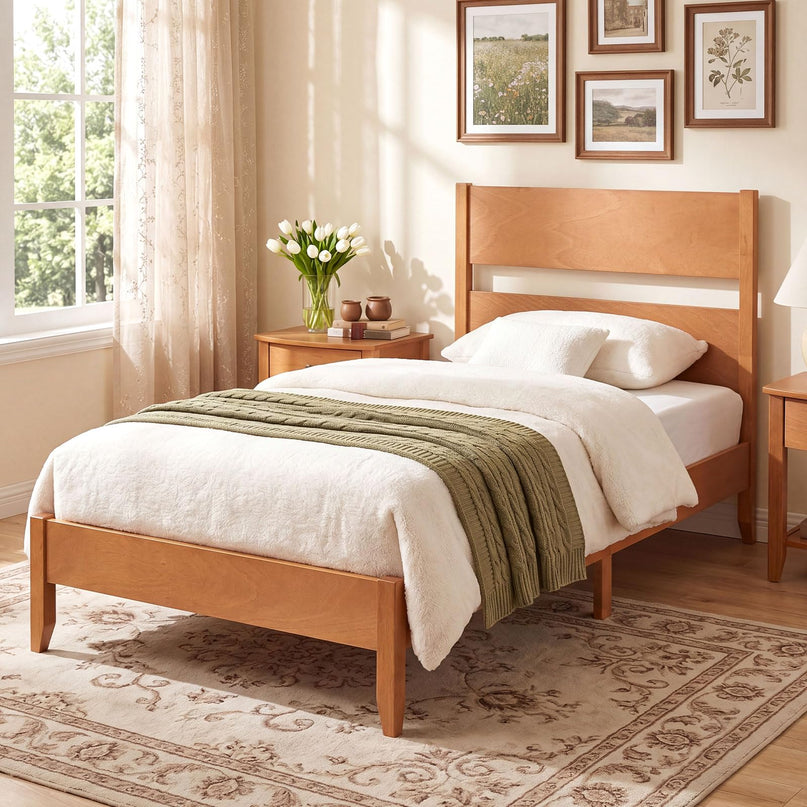 GIANTEX Twin/Full/Queen Size Wooden Bed Frame with Slatted Headboard