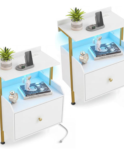 Giantex Nightstand w/Charging Station & LED Light for Bedroom Living Room Study