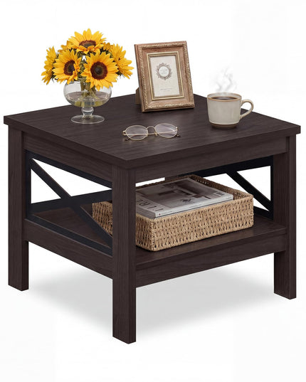 Table d'appoint carrée Giantex à 2 niveaux avec étagère de rangement et cadre en X pour chambre à coucher et salon