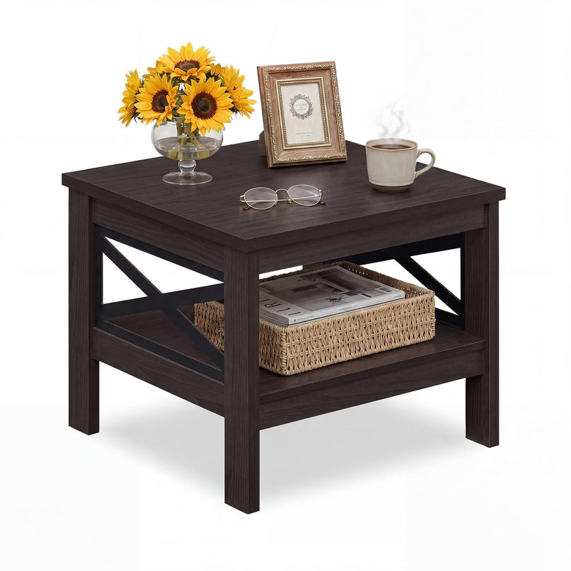 Table d'appoint carrée Giantex à 2 niveaux avec étagère de rangement et cadre en X pour chambre à coucher et salon