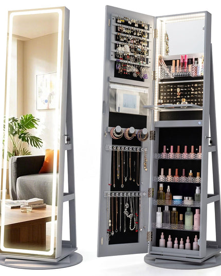 CHARMAID Armoire à bijoux avec miroir LED rotatif à 360°, miroir pleine longueur de 160 cm avec éclairage 3 couleurs