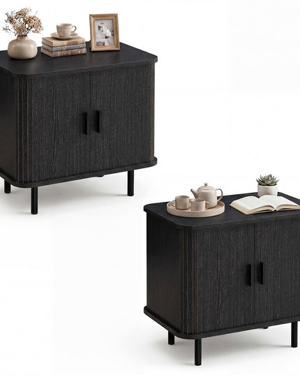 Table de chevet moderne de style Mid-Century Giantex 61 cm avec portes coulissantes cannelées et étagères de rangement