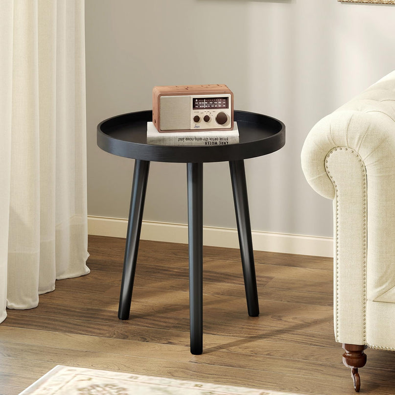 Giantex Round End Table with Wooden Tray & Bamboo Legs