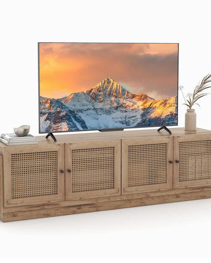 Giantex Farmhouse TV Stand for TVs up to 75”, 4-Door PE Rattan Entertainment Center