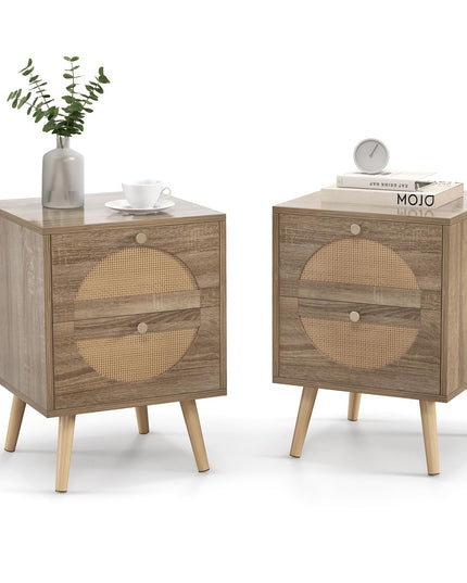 Giantex Rattan Nightstand Set of 2, Boho Bedside Tables with 2 Rattan Drawers