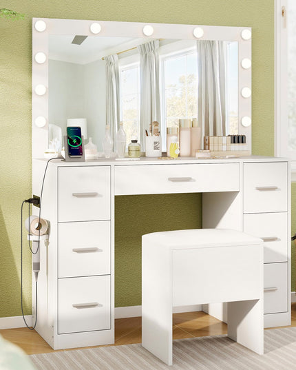 Vanity Desk with Large Mirror and Lights for Bedroom
