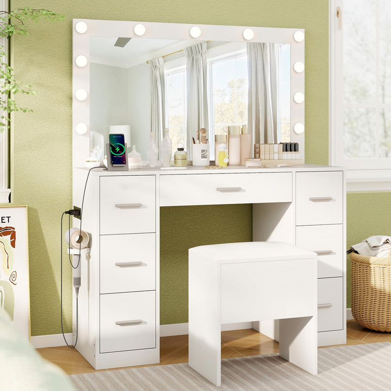 Vanity Desk with Large Mirror and Lights for Bedroom