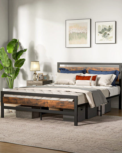 Giantex Queen Metal Platform Bed Frame with Wooden Headboard & Footboard, Rustic Brown