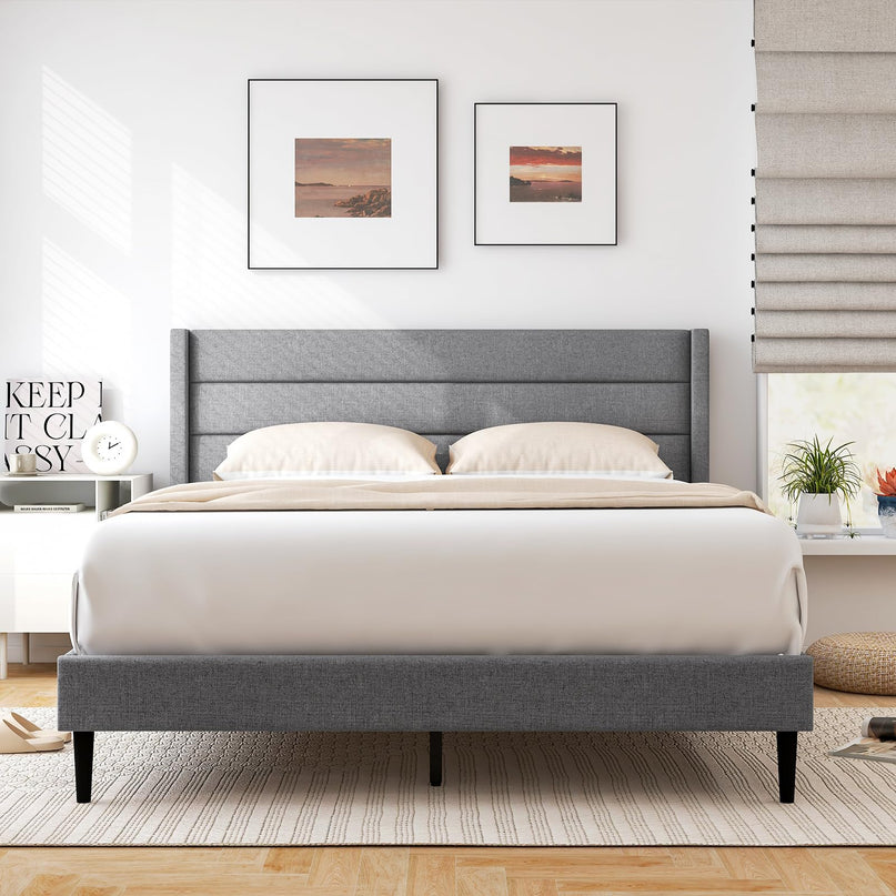 Giantex Bed Frame, Modern Linen Upholstered Platform Bed with Wingback Headboard