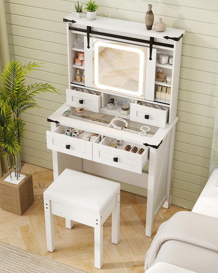 CHARMAID Farmhouse Vanity Desk with Drawers & Shelves, Rustic Vanity Dressing Table with Stool (31" Wide,White)