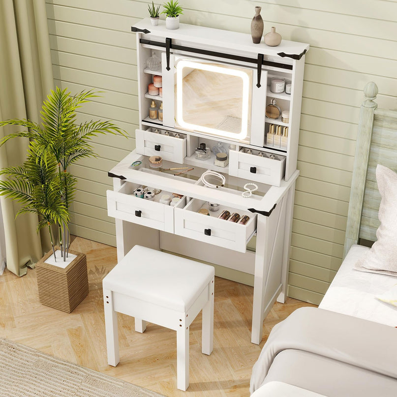 CHARMAID Farmhouse Vanity Desk with Drawers & Shelves, Rustic Vanity Dressing Table with Stool (31" Wide,White)