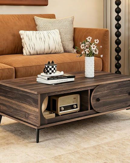 Giantex Mid Century Modern Coffee Table with Storage & Sliding Door