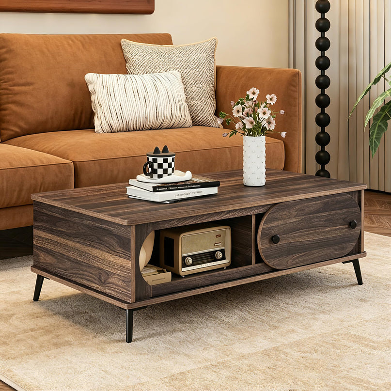 Giantex Mid Century Modern Coffee Table with Storage & Sliding Door
