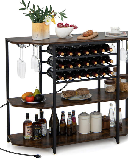 Giantex Wine Bar Cabinet with Power Outlet, Mini Coffee Bar Stand Table with 21 Bottle Wine Rack & Glass Holders