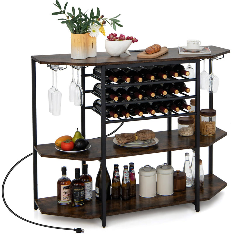 Giantex Wine Bar Cabinet with Power Outlet, Mini Coffee Bar Stand Table with 21 Bottle Wine Rack & Glass Holders