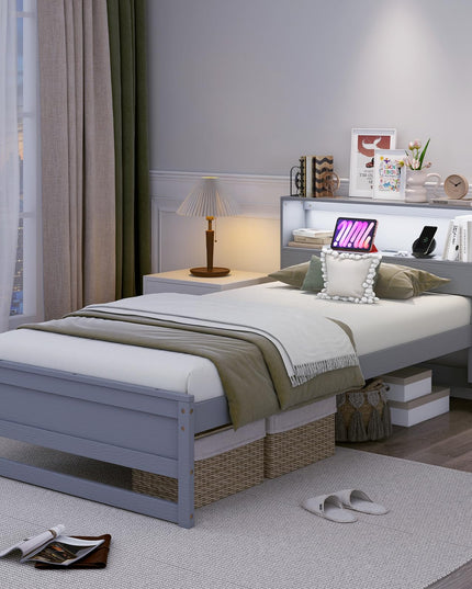 Giantex Twin Bed Frames with Storage Headboard, Wood Platform Bed with Charging Station & LED Light
