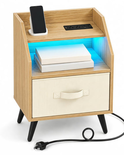 GIANTEX Modern LED Nightstand w/Charging Station & Fabric Drawer