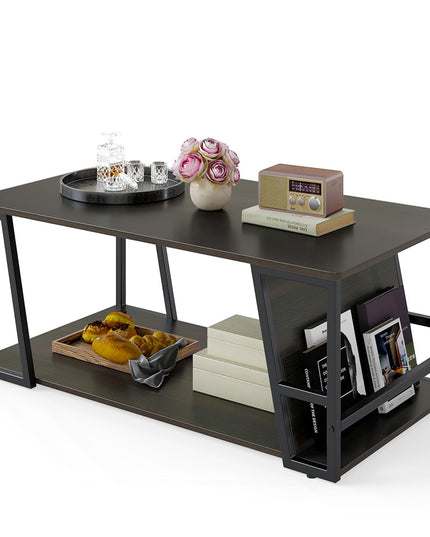 Giantex Modern 2-Tier Rustic Wood Rectangular Geometric Coffee Table with Storage