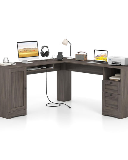 Giantex 66" L-Shaped Desk with Storage Drawers & Charging Station