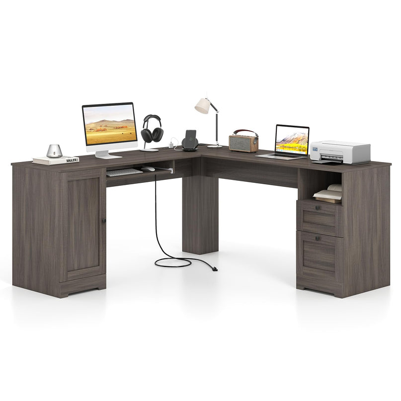 Giantex 66" L-Shaped Desk with Storage Drawers & Charging Station