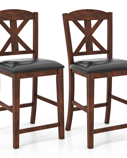 Giantex Wood Bar Stools Set, 24" Upholstered Counter Height Bar Chairs w/Hollowed High Back