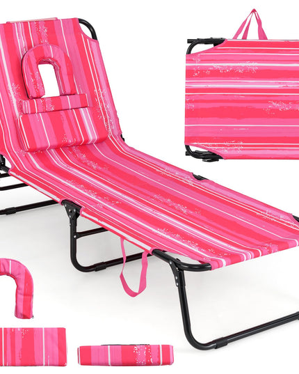 Giantex Folding Beach Tanning Chair - Adjustable Patio Lounge Chair w/Face Hole, Removable Pillows, Carry Strap