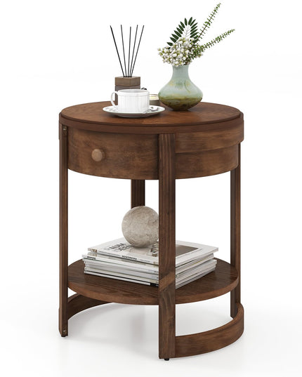 Giantex Round Side Tables Set of 1/2, 2-Tier Retro End Tables with Drawer & Shelf