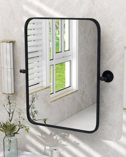 CHARMAID Pivot Mirror for Bathroom - 30'' x 22'' Tilt Beveled Vanity Mirror Black Metal Framed