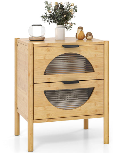 Giantex Bamboo Nightstand, Mid-Century Modern Bedside Table with 2 Storage Drawers & Tempered Glass