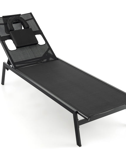 Giantex Patio Chaise Lounge Chair - Outdoor Lounge Chaise with Face Hole, Detachable Head Pillows, Black