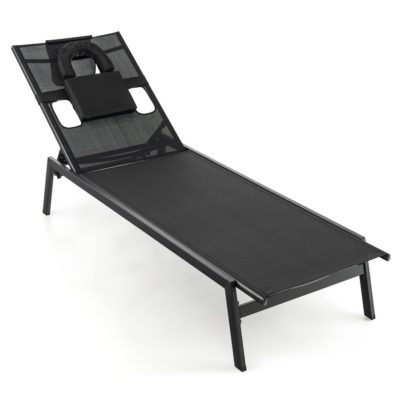 Giantex Patio Chaise Lounge Chair - Outdoor Lounge Chaise with Face Hole, Detachable Head Pillows, Black