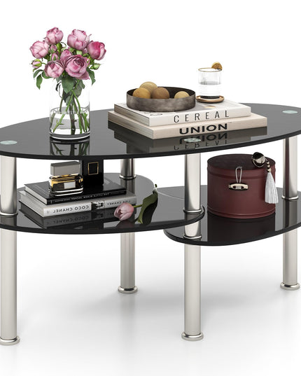 Giantex Oval Glass Coffee Table - 3-Tier Transparent Tempered Glass Center Table with Metal Stand, 35"× 20" ×18"
